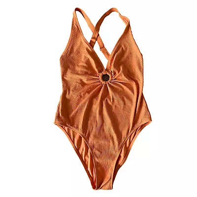 NEW! Mara Hoffman Womans L Ribbed One Piece Swim Suit Crisscross Back Peach Nude • $78