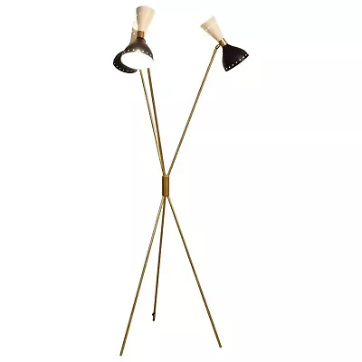 Midcentury Style Brass And Black And White Lacquered Tripod Floor Lamp Stilnovo • $440.60