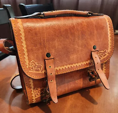 Vintage Tan Leather Purse/Handbag/Satchel Hand Tooled With Horses Motif • $21.38