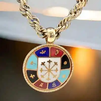 Heraldic Enamel Crest Coat Of Arms Gold Tone VTG Pendant Medallion Chunky Chain • $58