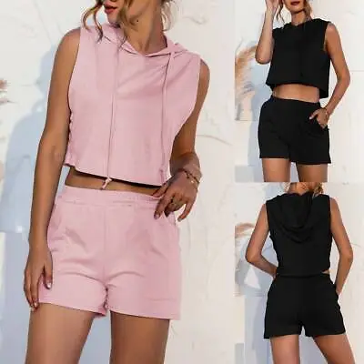 £9.49 • Buy 2PCS Women Summer Tracksuit Hooded Crop Tops Vest Shorts Sport Loungewear Set
