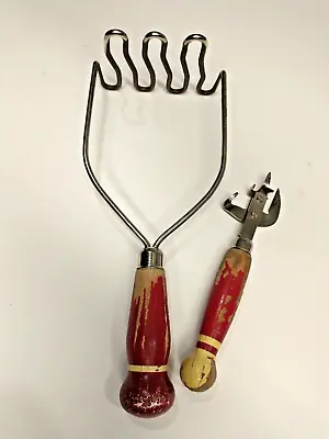 2 Vtg Kitchen Tools W/Red Painted Handles - Potatoe Masher & Ecko Can Opener • $6