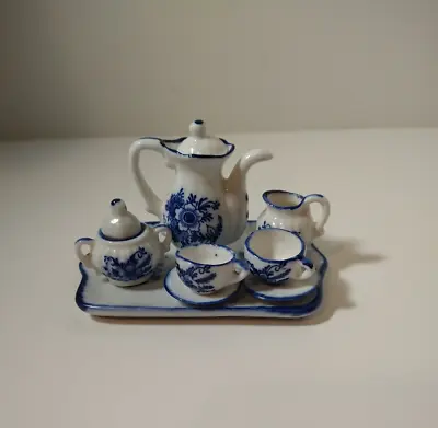 Dollhouse Mini Porcelain 10 Piece Coffee/Tea Set Blue Floral On White • $11