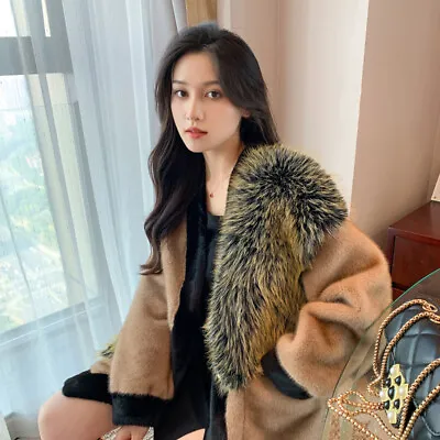 Luxury Winter Mink Fur Thicken Jacket Women's Fox Fur Collar Warm Mink Fur Coat • $197.52