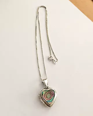 Vintage 925 Italy Sterling Silver Heart Locket Abalone Pendant Chain Necklace • $29