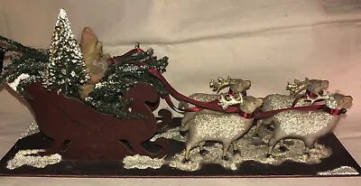 $125 • Buy Ragon House 1980s Santa’s Sleigh & Putz Reindeer Folk Art Centerpiece READ Desc