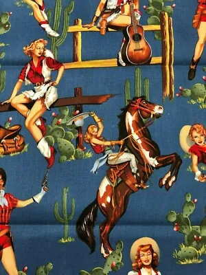 Alexander Henry Fabric Vintage Pin Up Cowgirls- FROM THE HIP Blue -Western • $13.99