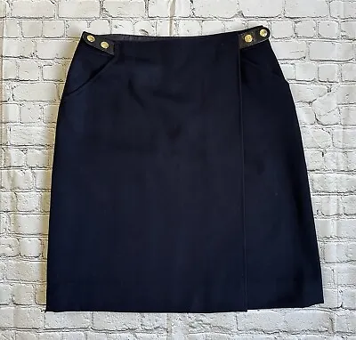Vintage CELINE PARIS Navy Blue Wool Golden Snap A-Line Midi Skirt • $79.99