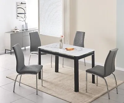 Dining Table Set White Marble Effect Glass Top Metal Frame 4 Faux Leather Chairs • £159