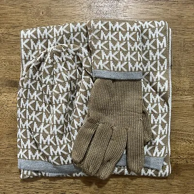 MICHAEL KORS Set Knit Scarf Beanie Hat & Gloves 3 Pcs. Cream & White • $39.99