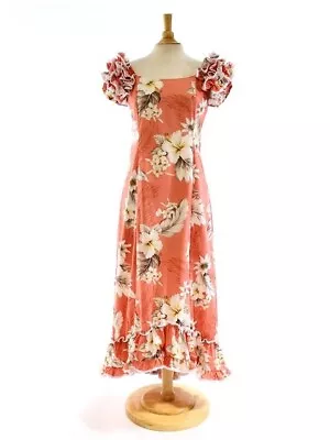 Pacific Legend Hibiscus Peach Cotton Hawaiian Ruffle Long Muumuu Dress • $49.95