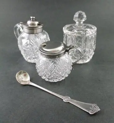 3 MUSTARD POTS - Antique BRILLIANT Period Cut Glass + JEWELL Mustard Spoon C1882 • $149