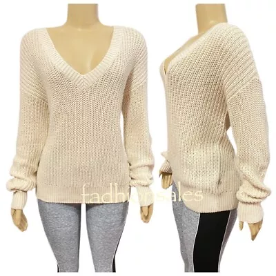 Victorias Secret PINK Cable Knit V-Neck Pullover Sweater Cream • $28.50