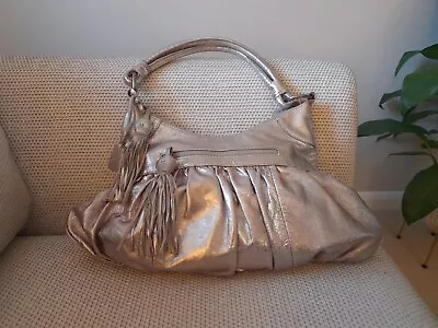 Autograph M&S Shoulder Bag  Handbag Silver/Gold Leather Zip Up Slouchy Medium • £13.99