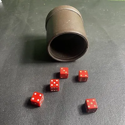 VTG 1973 Dice Cup & 5 Red Dice Leather Wrapped Casino Shaker Cup Yahtzee & More • $15.95
