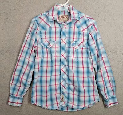 Rafter C Mens Pearl Snap Shirt Small Blue Plaid Western Long Sleeve Cotton • $13.99