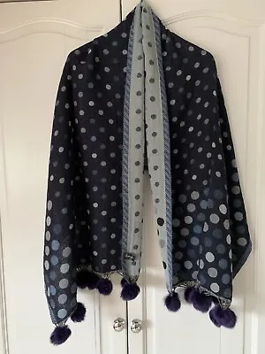 £25 • Buy Peony London 100% Wool Shawl Wrap With Rabbit Fur Pompoms - Double Sides - Blues