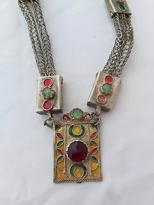Vintage Old Necklace Moroccan Berber Tribal Silver Color Enamel And Red Stone • $145.99