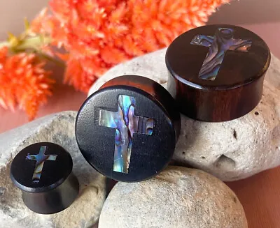 PAIR Abalone Shell Cross Inlay Black Wood Saddle Tunnels Plugs Gauges Earlets • $16.95