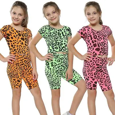 Kids Girls Crop Top & Cycling Shorts Leopard Print Summer Outfit Clothing Sets • £12.99