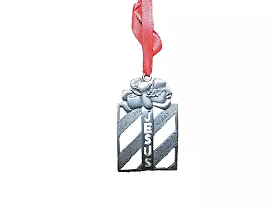 Metal   Jesus  2.5  X 1.5  Silver W/Red Ribbon To Hang Christmas Ornament  #D  • $3.99