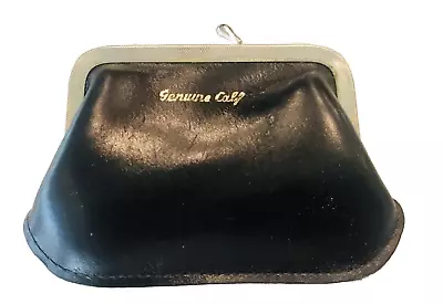 Vintage Black Change Purse Genuine Calf Leather With Silver Trim - Plush • $5.99