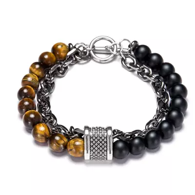 Men's Natural Map Stone Bracelets Tiger Eye Beaded Stainless Steel Men's Gift US • $7.55