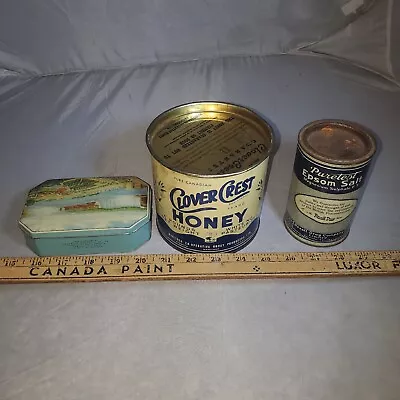 3 Vtg Tin Lot Clover Crest Honey Can 4 Pounds Horner Farm Decor Bee Advertising • $25.39