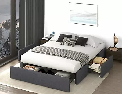 $254.99 • Buy Queen Size Platform Bed Frame With 3 Storage Drawers, Upholstered, Dark Grey