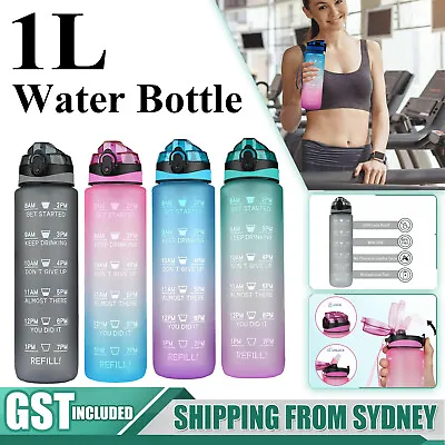 $28.59 • Buy 1L Water Bottle Motivational Drink Flask With Time Markings BPA Free Sport Gym