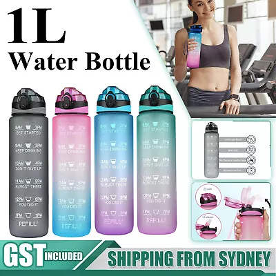 1L Water Bottle Motivational Drink Flask With Time Markings BPA Free Sport Gym • $13.95