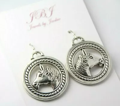 Horse Head Charm Earrings Country .925 Sterling Silver Hooks Pewter Charms 1.75  • $7.24