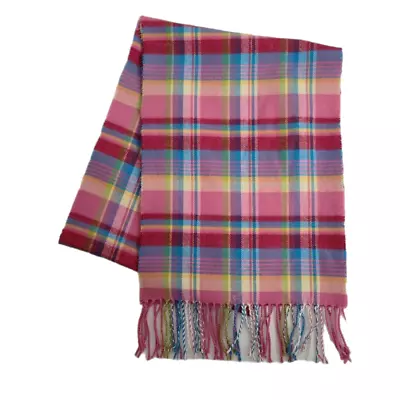 D&Y Softer Than Cashmere Plaid Scarf Pink Blue Pastel Fringe 64 X 12 Acrylic • $9.99