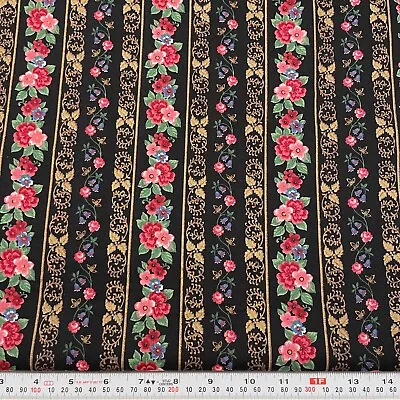 Vtg Joan Kessler Concord Striped Florals Black Cotton Fabric By The Half Yard • $6.50