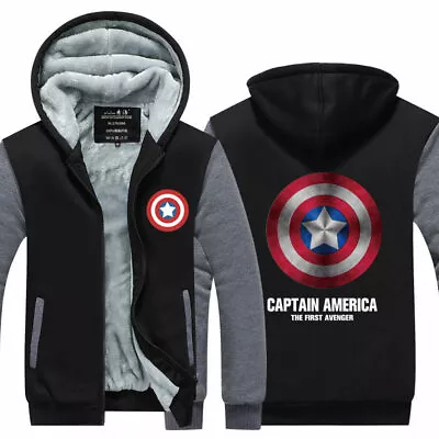 Captain America Hoodie Winter Fleece Hooded Coat Warm Jacket Full-Zip Sweatshirt • £42.17