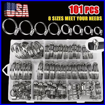 101pcs Adjustable Stainless Steel Hose Clamps Worm Gear Clamp Assortment 8 Sizes • $18.54