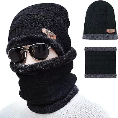 Men Hat And Scarf Snood Set Winter Beanie Hat Set Fleece Lining Warm Knitted Cap • £6.99