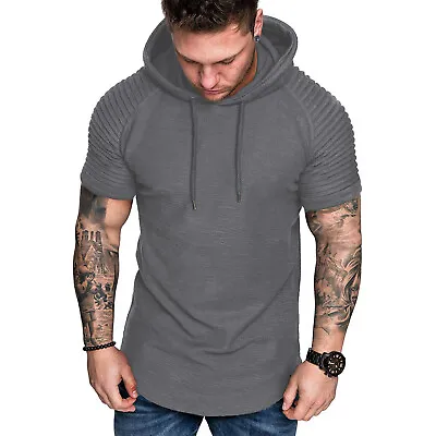 Mens Muscle Hooded T-Shirts Casual Hoodies Short Sleeve Pullover Top Gym Blouse • $17.01