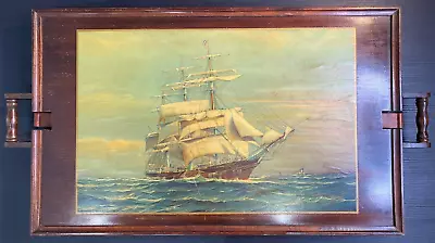 Antique Ferguson Sailing Ship Decoupage Folding Butler Tea Tray Table 26x16” • $84.22