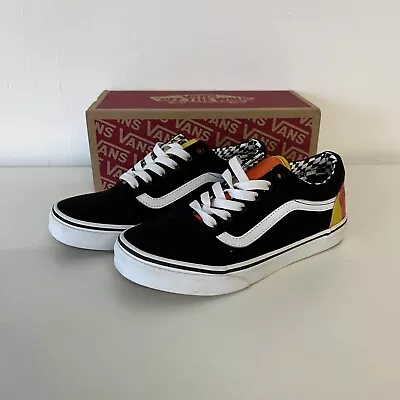 VANS Old Skool Black/White Canvas Trainers UK-3 Kids Junior Yellow Red Orange • $57.50