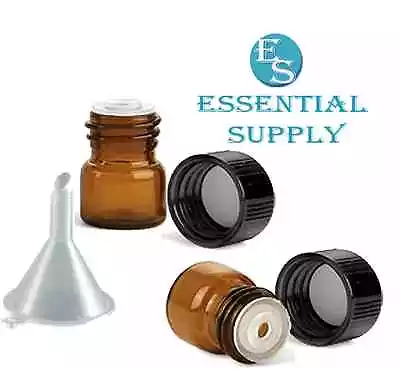 12 1/4 Dram AMBER Glass Essential Oil Bottles Vials W/ Caps Funnel And Labels  • $5.69