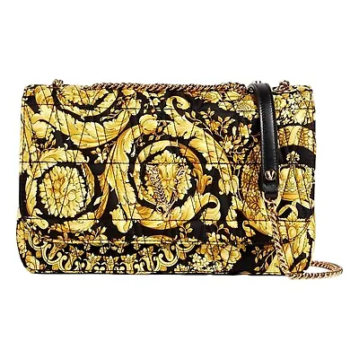 Versace Virtus Barocco Print Quilted Black And Gold Silk Shoulder Bag • $3675.60