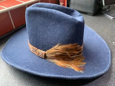 G.T. LANNING Medium Denim Western Hat Navajo Band & Feather Vintage 80s Cowboy • £65