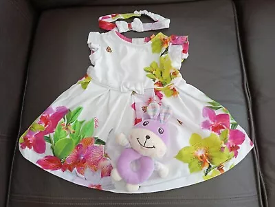 Ted Baker Baby Girl Dress & Headband 0-3 Months White Frogs Lilac Plus Rattle  • £4