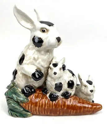 Vintage Bunny Rabbit Babies Carrot Majolica Large Pottery Glazed 9x9 Centerpiece • $125