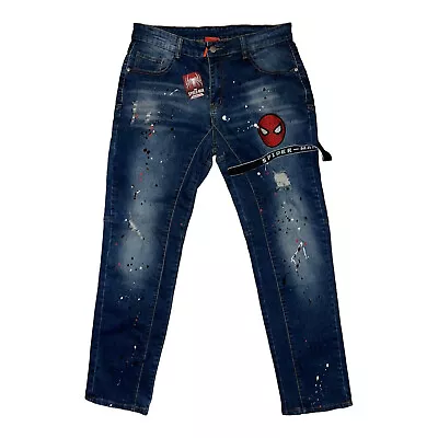 Zaful Marvel Comics SpiderMan Distressed Denim Jeans With Splatter • £40