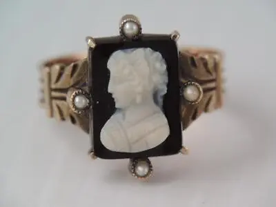 Antique Victorian Solid 10k Rosey Gold Black & White Cameo Seed Pearl Ring 6 3/4 • $575