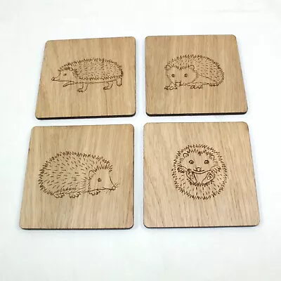 Hedgehog Wooden Coasters In Oak Veneer Countryside Perfect Unique Gift X 4 Set • £7.99