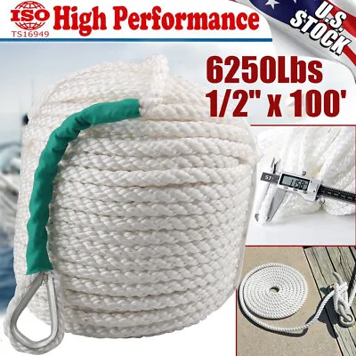 $29.99 • Buy 1/2 X100' Twisted 3 Strand Nylon Anchor Rope Boat W/Thimble Rigging Line 6250LBS