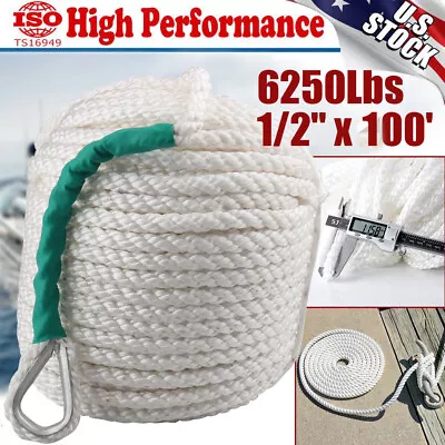 1/2 X100' Twisted 3 Strand Nylon Anchor Rope Boat W/Thimble Rigging Line 6250LBS • $29.99